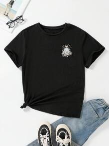 青少年女孩休闲可爱时尚蕾丝印花万圣节幽灵、蝙蝠、蝴蝶结图案短袖圆领 T 恤