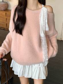 DAZY 女士圆领露肩休闲韩版蝴蝶结针织毛衣，秋冬 - 淺粉色 - 查看 1