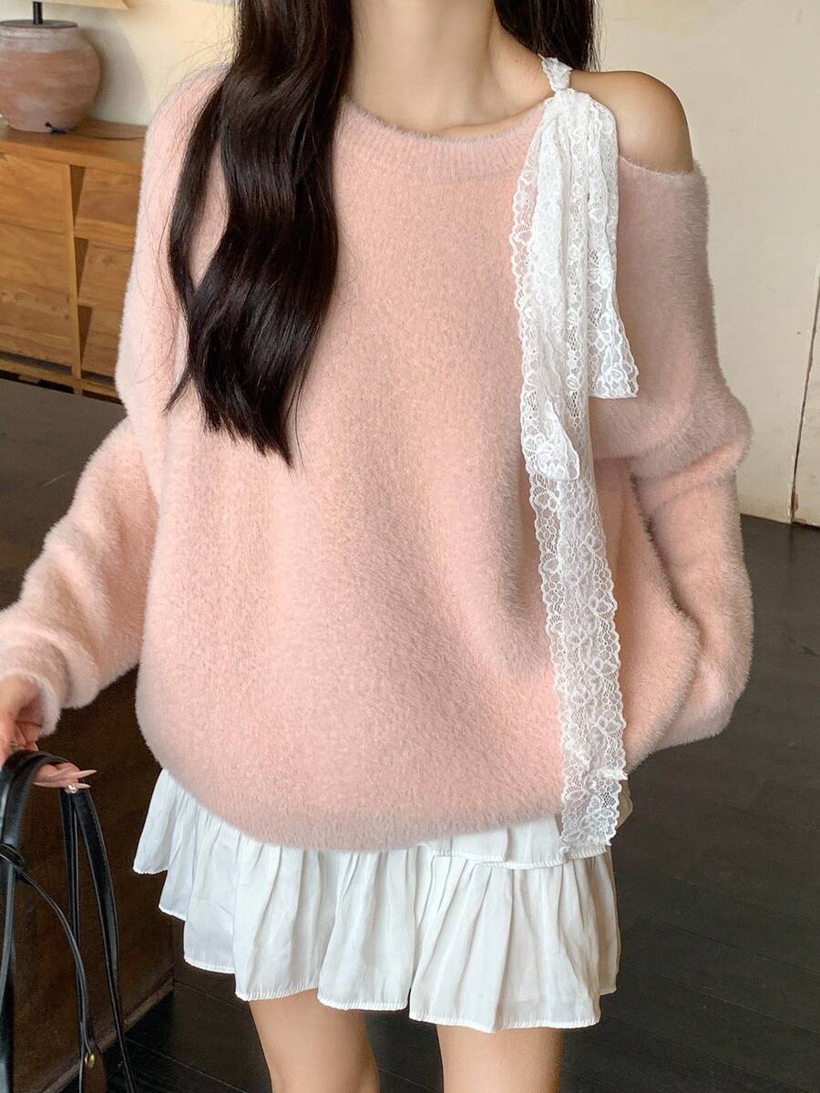 DAZY 女士圆领露肩休闲韩版蝴蝶结针织毛衣，秋冬 - 淺粉色 - 查看 1