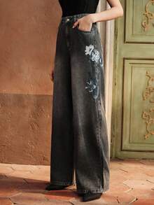 Anewsta Pantalon droit de luxe brodé pour femmes, convient pour la Saint-Valentin, la Fête des Mères, couleur noire - Noir - Voir 6