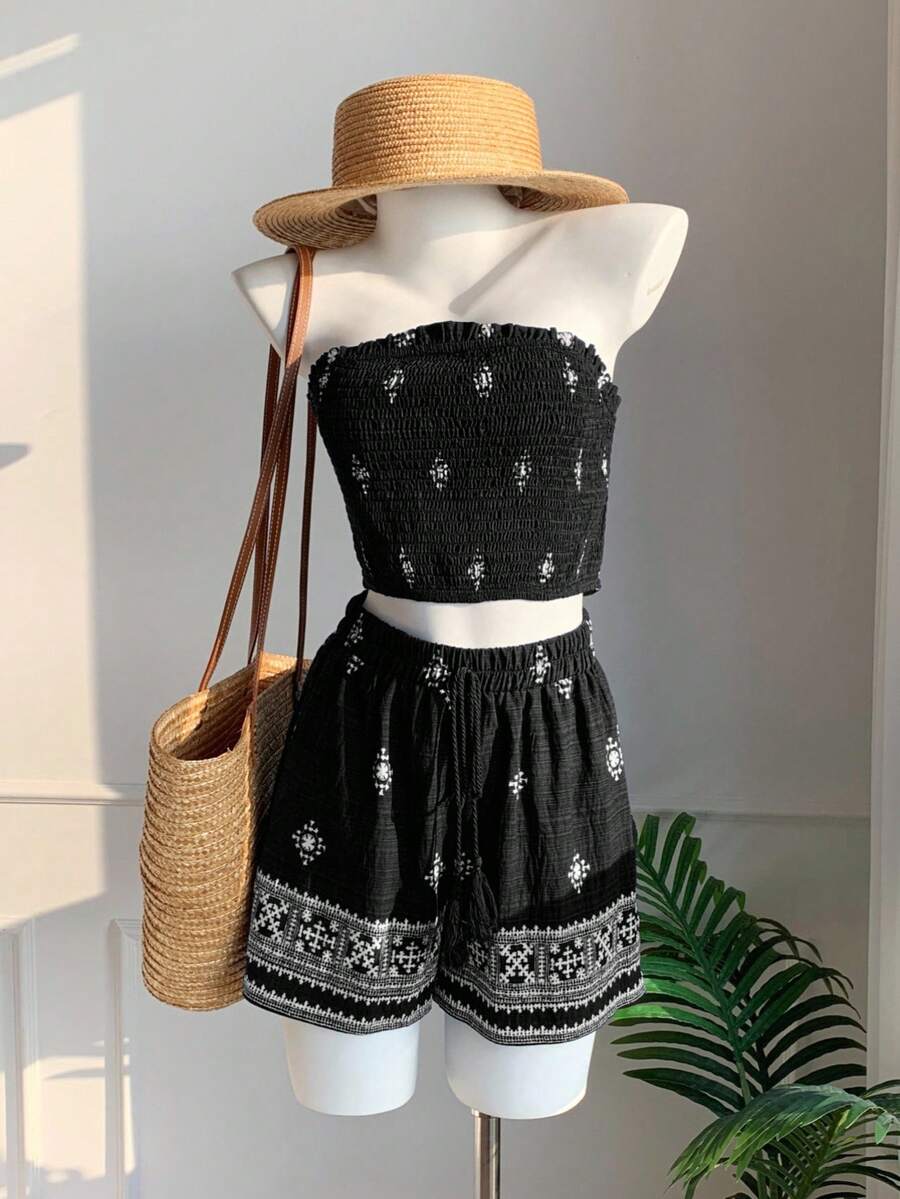 Comfortcana Print Bandeau Top And Shorts Set, Summer Holiday - Black - View 1