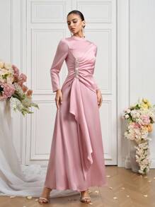 Coutiva New Stylish Stand Collar Long Sleeve Fitted Formal Dress - Baby Pink - View 4
