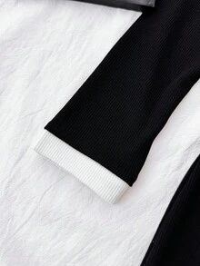 SHEIN Tween-Mädchen Schwarz-weißes, lässiges, personalisiertes Kleid mit Kontrastkragen, gerippten Strickknöpfen und enger Passform, langärmliges Sommerkleid mit Polokragen, Schmetterlingsstickerei - Schwarz und Weiss - Übersicht 8