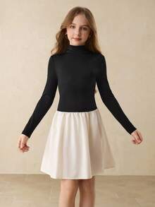 Mädchen einfaches Mode Alltags Halbrollkragen Raglan Langarm figurbetontes Kleid mit Kontrastfarben Design, vielseitig einsetzbar für Schule, Weihnachten, Halloween, alle Jahreszeiten