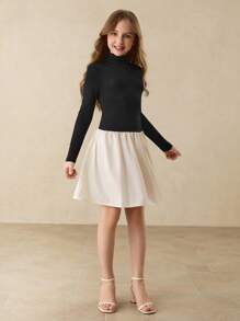 Mädchen einfaches Mode Alltags Halbrollkragen Raglan Langarm figurbetontes Kleid mit Kontrastfarben Design, vielseitig einsetzbar für Schule, Weihnachten, Halloween, alle Jahreszeiten