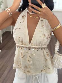 Serisse Women's Sequined Halter Neck Top With Shell Fringe, White Sequin Top, Gold Sequin Top, Elegant Sequin , Carnival Costume, Ibiza Summer Glitter - Apricot - View 7