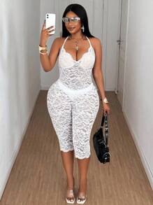 Maweii Plus Size Sexy Sheer Lace Backless Halter Bodysuit, Summer - Beige - View 7