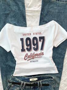 Attitoon 女式休闲简约数字图案腰部褶皱露肩紧身短袖白色 T 恤，适合夏季返校季 - 白色 - 查看 6