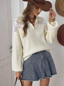 SHEIN LUNE LanaWest Women's Solid Color Contrast Lace Casual Sweater Fall Winter Cloth For Women - Beige - View 5