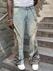 ROMWE MEN Street Life 男士水洗做旧花卉刺绣拼布多层牛仔裤 - 藍色 - 查看 6