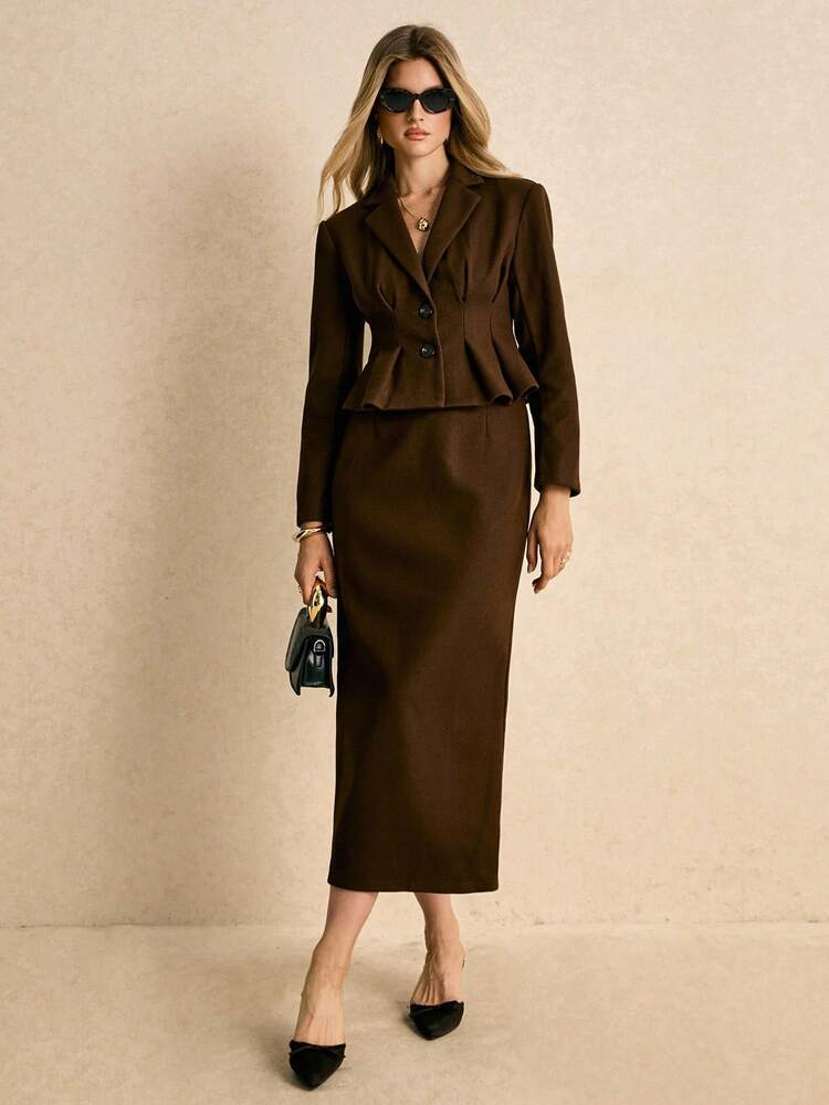 Poéselle Bộ đồ công sở đơn giản dành cho nữ – Áo blazer ngắn ôm eo và chân váy midi hai mảnh, bộ đồ công sở thanh lịch mùa thu 2025, bộ váy công sở, bộ váy midi, áo blazer ôm eo, bộ đồ công sở, hai mảnh - Rỉ Nâu - Xem 8