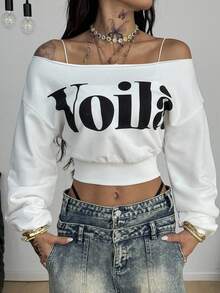 Coolane Sudadera corta blanca con gráficos vintage para mujer, ideal para conciertos, festivales, salir, ferias renacentistas y uso diario - Blanco - Ver 2