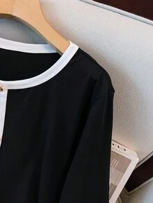 GlowEve CURVE 大码女式优雅休闲荷叶边撞色长袖 T 恤，圆领喇叭袖，纽扣装饰，简约剪裁设计上衣