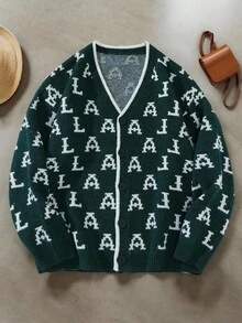 Claim Dot Áo khoác cardigan cài nút phía trước họa tiết chữ cái thường ngày dành cho nam, trở lại trường, mùa thu/đông - Nhiều màu - Xem 1