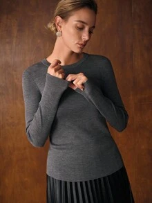 MOTF PREMIUM 女士 100% 羊毛圆领长袖毛衣，秋冬 - 灰色 - 查看 6