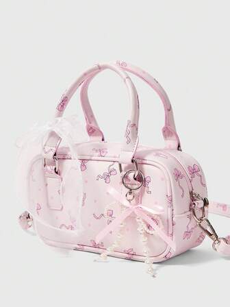 Borsa a mano da donna grande con fiocco a pois rosa, stampa a fiocco kawaii, borsa shopper di grande capacità