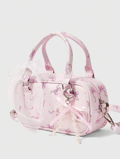 Cute Pink Polka Dot Bow Print Kawaii Ribbon Bow Handbag, Large Capacity Women Tote Bag