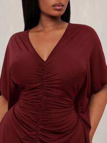 SHEIN SXY 大码女装春夏秋冬，优雅性感纯色凹褶设计时尚前开衩连衣裙，适合日常穿着、音乐节、音乐会、狂欢派对、波西米亚风格、郊游、海滩度假、丰富的层次、节日、约会之夜、生日、单身派对服装， - 酒紅色 - 查看 8