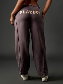 Missguided x Playboy 女式高腰阔腿运动裤休闲家居裤秋冬下装羊毛衬里宽松长裤 - 淺灰紫 - 查看 2