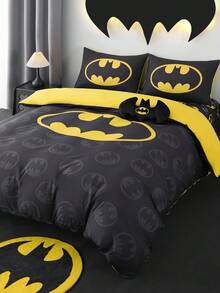BATMAN X SHEIN 3pc Fashionable & Comfortable Soft Reversible Hero Character Bat Print Duvet Cover Set, For Home, Bedroom