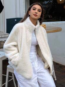 DAZY 女士蓬松休闲街头宽松人造毛皮夹克女外套 - 米色 - 查看 8