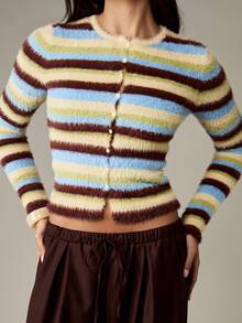 MISSGUIDED 女式复古 Y2K 蓬松针织开衫纽扣式毛绒马海毛条纹短款毛衣秋冬时尚长袖柔软舒适针织衫 - 彩色 - 查看 1