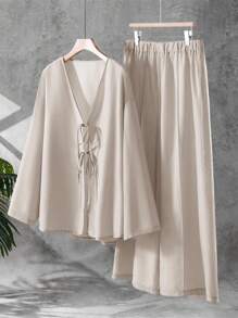 Linhara Bộ 2 món áo dài tay và quần dài cỡ lớn cho nữ, màu trơn thường ngày, mùa thu - Màu be - Xem 1