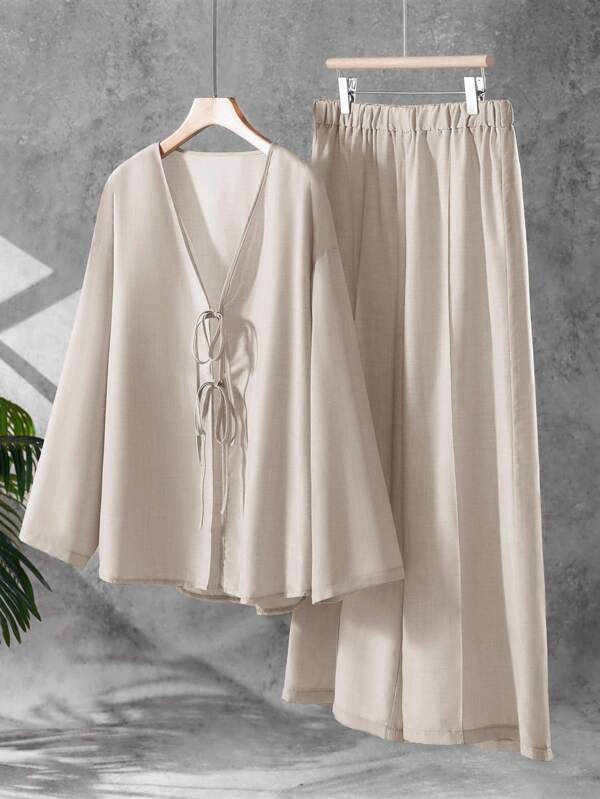 Linhara Plus Size Women Long Sleeve Top And Pants 2 Pieces Set, Casual Solid Color, Autumn Fall Cloth For Women