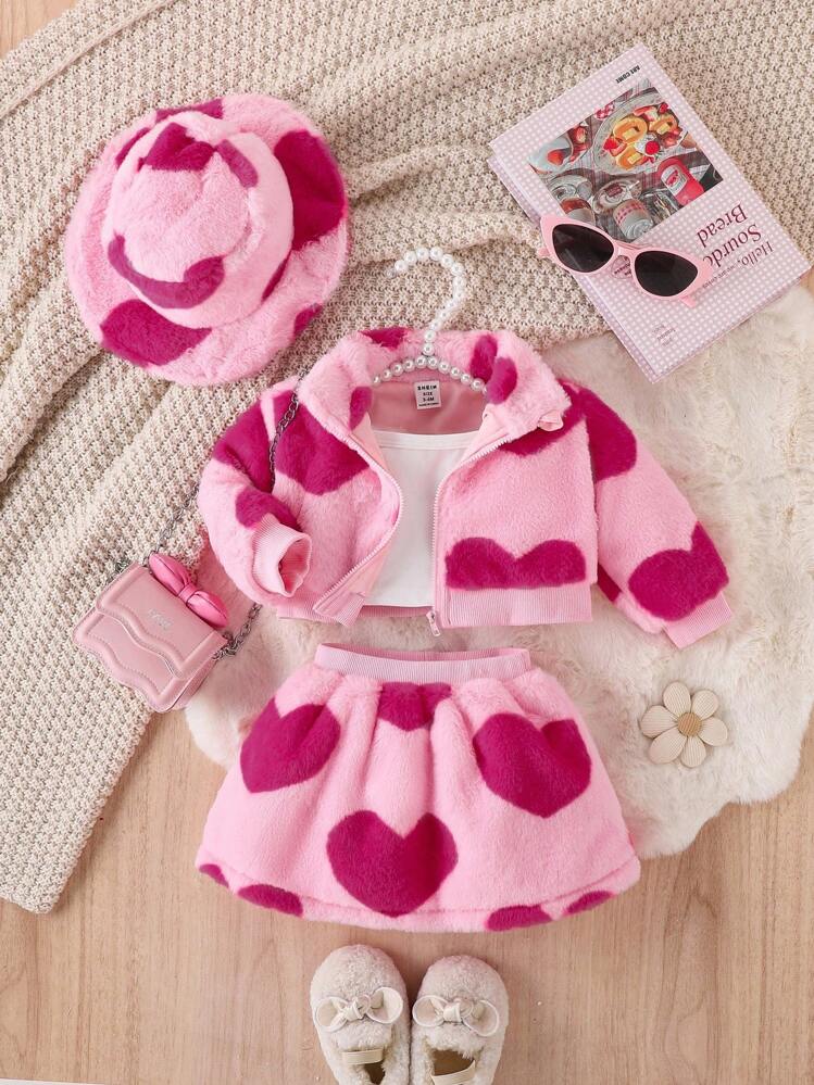 Baby Girl Elegant Heart Print Fluffy Sweater Set With Hat, Fall/Winter Clothes - Pink - View 1