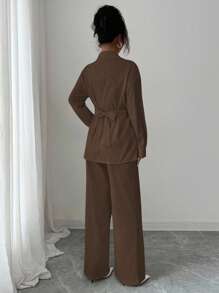 Modelyn 2件套女士梭织领长袖系带有机棉修身套装 - 棕色 - 查看 2