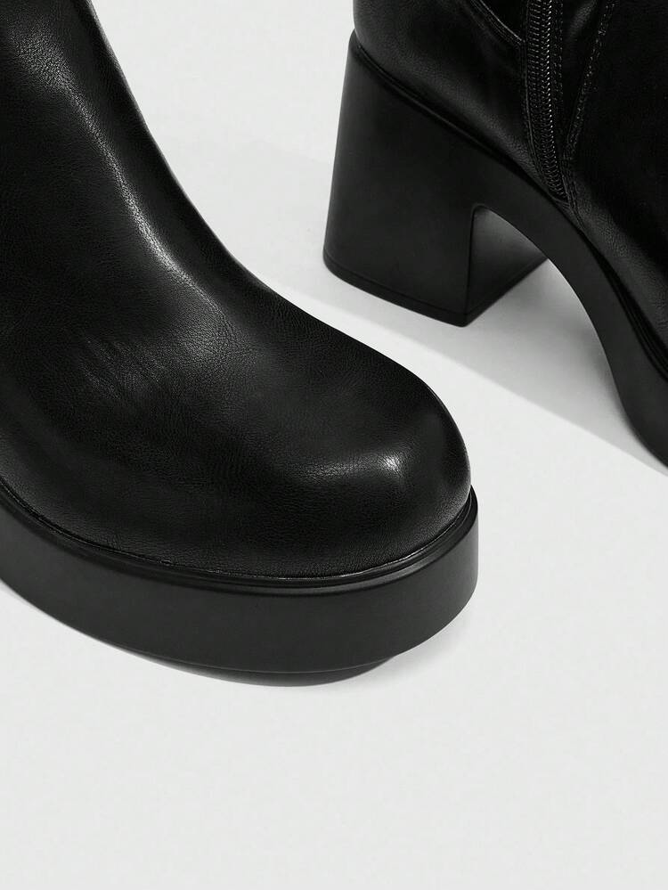 CUCCOO SZL Women's Fashion Simple Round Toe Chunky Heel Slimming Elegant Autumn/Winter Knee-High Boots, Suitable For Commute, Date, Party, Holiday, Wedding, Black For Christmas Spring Shoes