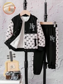 2 件幼儿男童秋冬加厚罗纹 V 领长袖上衣，几何印花，罗纹袖口和下摆，搭配松紧腰宽松印花字母图案裤套装 - 黑色 - 查看 1