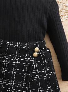 SHEIN Babygirl Knitted Black Long Sleeve Top And Plaid Elastic Waist Shorts Set, Autumn/Winter Fall