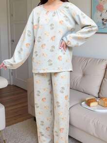 Teen Girl Casual Cartoon Dog Print Long Sleeve Top And Pants 2 Pieces Pajama Set, Blue Kids Dog Print Pajamas Dog Pajamas Kids - Blue - View 1