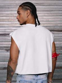 AXEPEAK 男士休闲时尚街头个性标语印花宽松针织背心，夏季 - 白色 - 查看 2