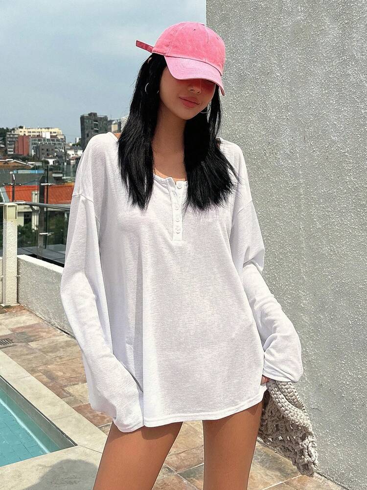 Solid Half Button Drop Shoulder Cover Up Summer,Beach Women Outfits Vacation Outfits Women