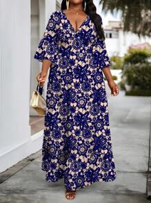 SHEIN Lady Spring And Summer Elegant Commuting Office Colorful Knitted Round Neck Flared Three Quarter Length Sleeve Plus Size Dresses Summer Outfits For Women Summer Dresses For Women Office Outfits For Women Office Dresses