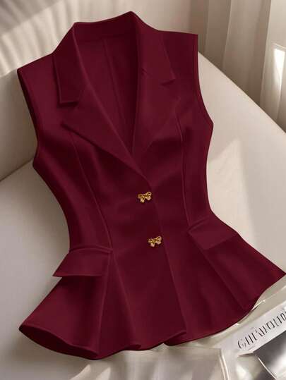 Franclia بليزر أبيض نسائي أنيق بياقة على شكل حرف V فرنسي، بأزرار وفيونكة، بدون أكمام، مناسب للربيع والصيف