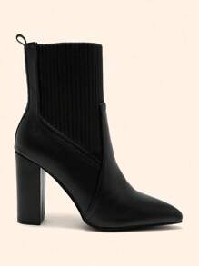 CUCCOO BASICS Women's Pointed Toe Chunky Heel Black Boots, Fashion Elegant Commute All-Match Versatile Knit Mid-Calf Short Booties For Christmas - Black - View 4