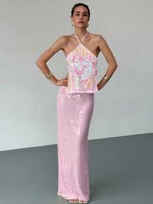 Aloruh 女士系带露背亮片吊带上衣，适合春夏季度假 - 淺粉色 - 查看 6