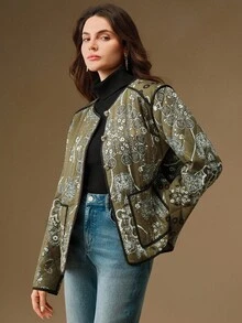 Anewsta 女士优雅腰果花印花绗缝长袖圆领棉服外套，冬季 - 軍綠色 - 查看 2