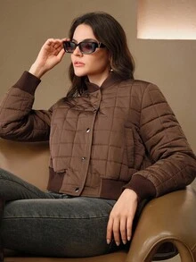 Anewsta 女士格子短款夹克，适合秋季、冬季、外出、优雅、正式、派对、别致、新年、圣诞节、工作、毕业、婚礼 - 咖啡棕 - 查看 5