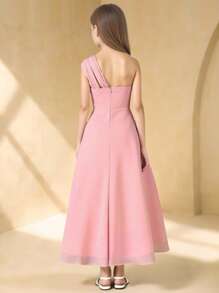 Tween Girl Sleeveless Ruffled Waist Elegant Party Dress, Suitable For Halloween, Christmas - Pink - View 2