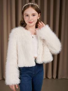 SHEIN 女孩休闲人造毛皮夹克，可爱时尚风格，白色蓬松舒适，适合春季、夏季、秋季，非常适合户外、购物、聚会 - 白色 - 查看 6