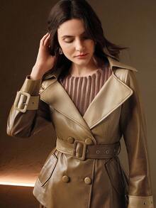 Anewsta 优雅复古渐变色 PU 皮夹克，超大衣领和腰带，短款修身款式，秋冬 - 黑色 - 查看 5