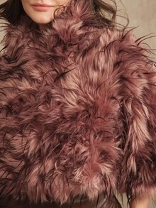 Anewsta 时尚仿毛领短外套，适合秋季、冬季、新年穿着，优雅、别致、时尚，圣诞节、外出皆宜 - 鏽棕色 - 查看 5