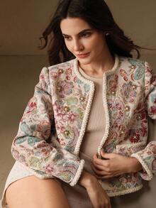 Anewsta Elegant Romantic Open Front Jacket, Woolen Fabric With Floral Embroidery, Pearl Decor, Braided Trim Design, Long Sleeve, For Women, Autumn/Winter