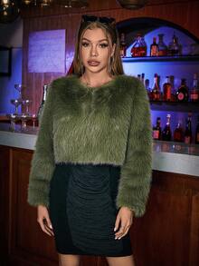 Allurite Fashionable Solid Color Faux Fur Super Short Jacket, Autumn/Winter