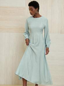 Aveloria Modichic 秋季钛绿色长裙，圆领长袖，收腰设计，优雅的艺术画廊漫步和日常休闲装 - 綠色 - 查看 6