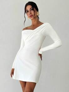 Firerie Vestido mini blanco de línea A con cuello asimétrico con volantes, elegante y minimalista, adecuado para ir al trabajo, festivales de música y vacaciones - Blanco - Ver 5